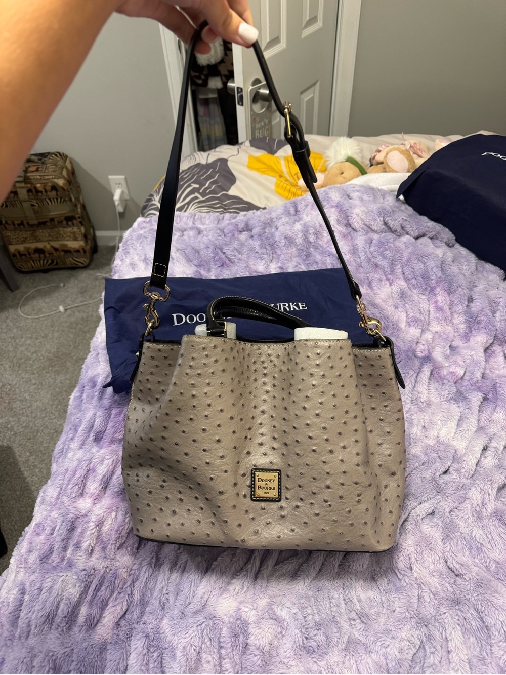 Dooney & Bourke Taupe Ostrich-Embossed Large Barlow handbag- brand new condition
